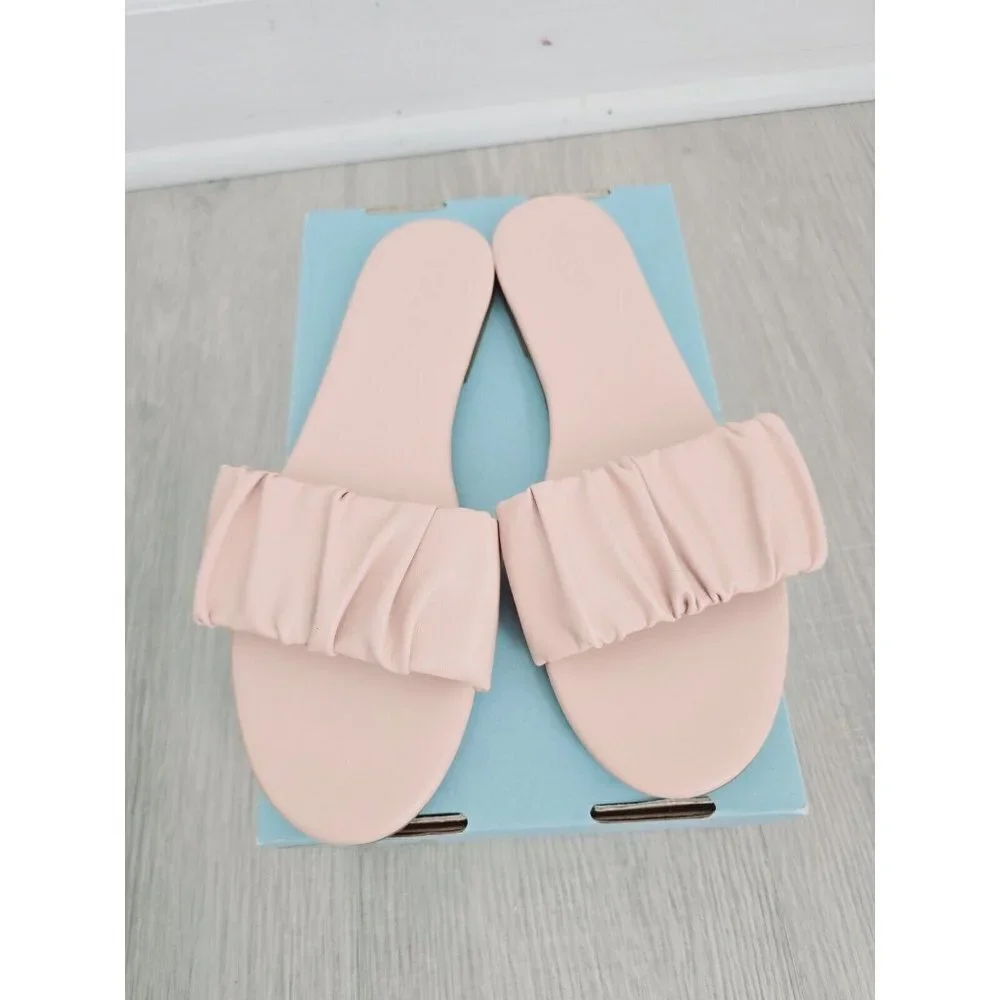 J Crew Menorca Scrunchie Strap Blush Pink Leather Slip On Slides Sandals 8.5